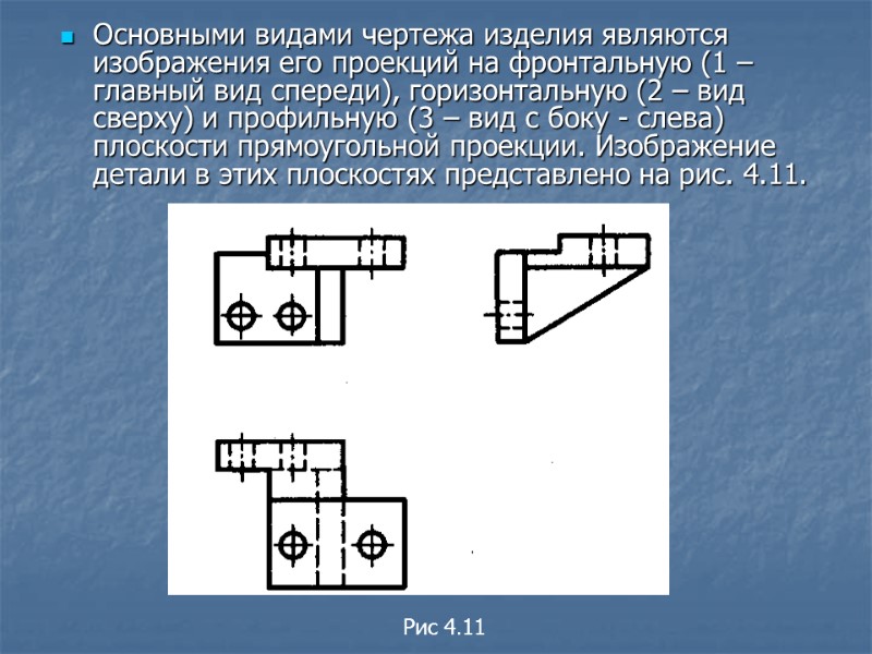 Основными видами чертежа изделия являются изображения его проекций на фронтальную (1 – главный вид